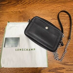 Longchamp Black Leather Crossbody Camera Bag with Silver Chain